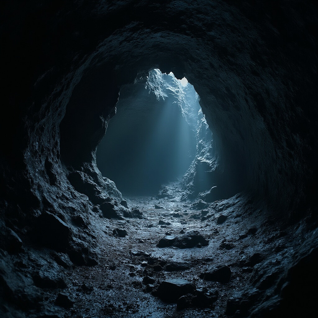 Dramatic underground image of Manjanggul Lava Tube showcasing smooth black basalt walls, glistening mineral deposits, and intricate cave textures under low ambient light