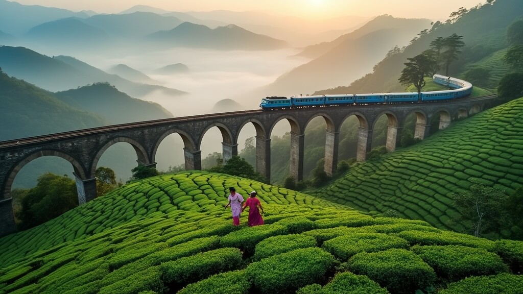 "Aerial view of Ella, Sri Lanka at sunrise with emerald tea plantations, tea pickers in colorful saris, the Nine Arch Bridge with a blue train, and misty mountains"