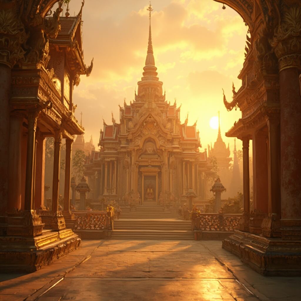 Golden Buddhist temple with intricate architectural details illuminated by sunrise, highlighted by rich saffron and gold tones, with dramatic shadows and no people visible