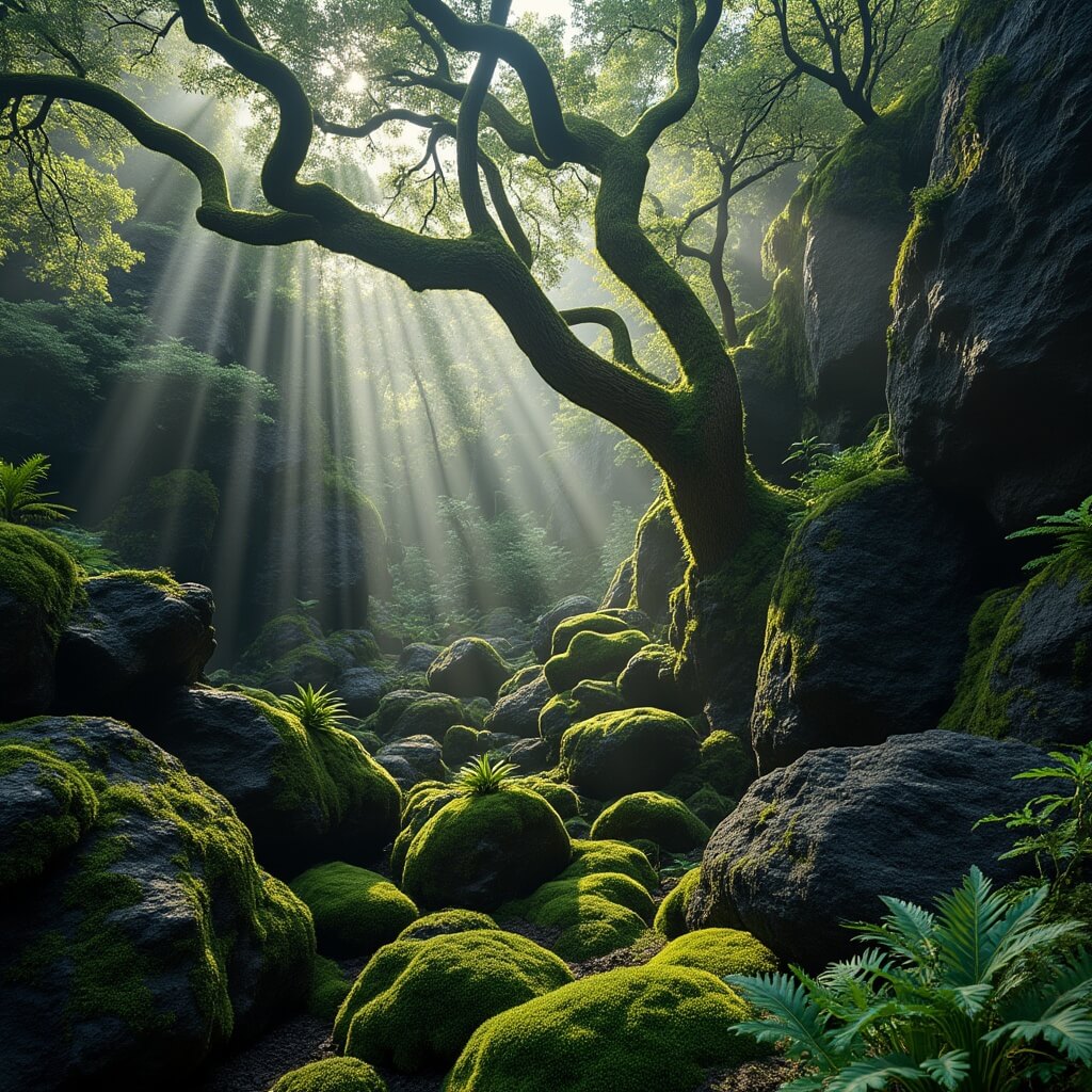 Mystical forest scene in Gotjawal with ancient trees growing from volcanic rocks, blanketed by emerald moss and pierced by morning sunlight.