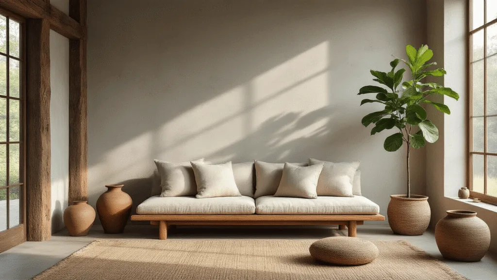 "Japandi-style living room with low wooden sofa, handcrafted ceramics, natural textures, and soft morning light creating a wabi-sabi, zen atmosphere"