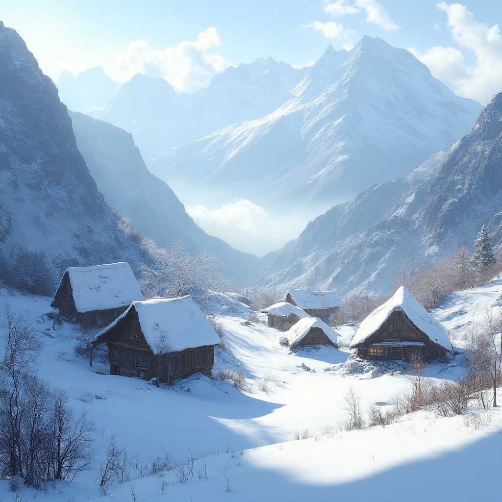 Traditional Japanese gassho-zukuri farmhouses with steep thatched roofs in a snow-covered mountain valley during winter, with blue shadows cast by morning light