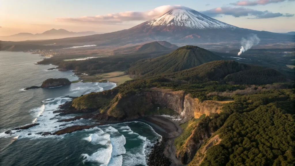 "Aerial view of snowy Mount Halla, green volcanic cones, basalt columns of Jusangjeolli Cliff, and Seongsan Ilchulbong crater in Jeju Island, South Korea during golden hour."