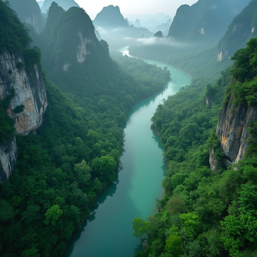 Aerial view of a pristine valley with a turquoise blue river snaking through dense foliage and karst mountains as morning fog reveals hidden cave entrances