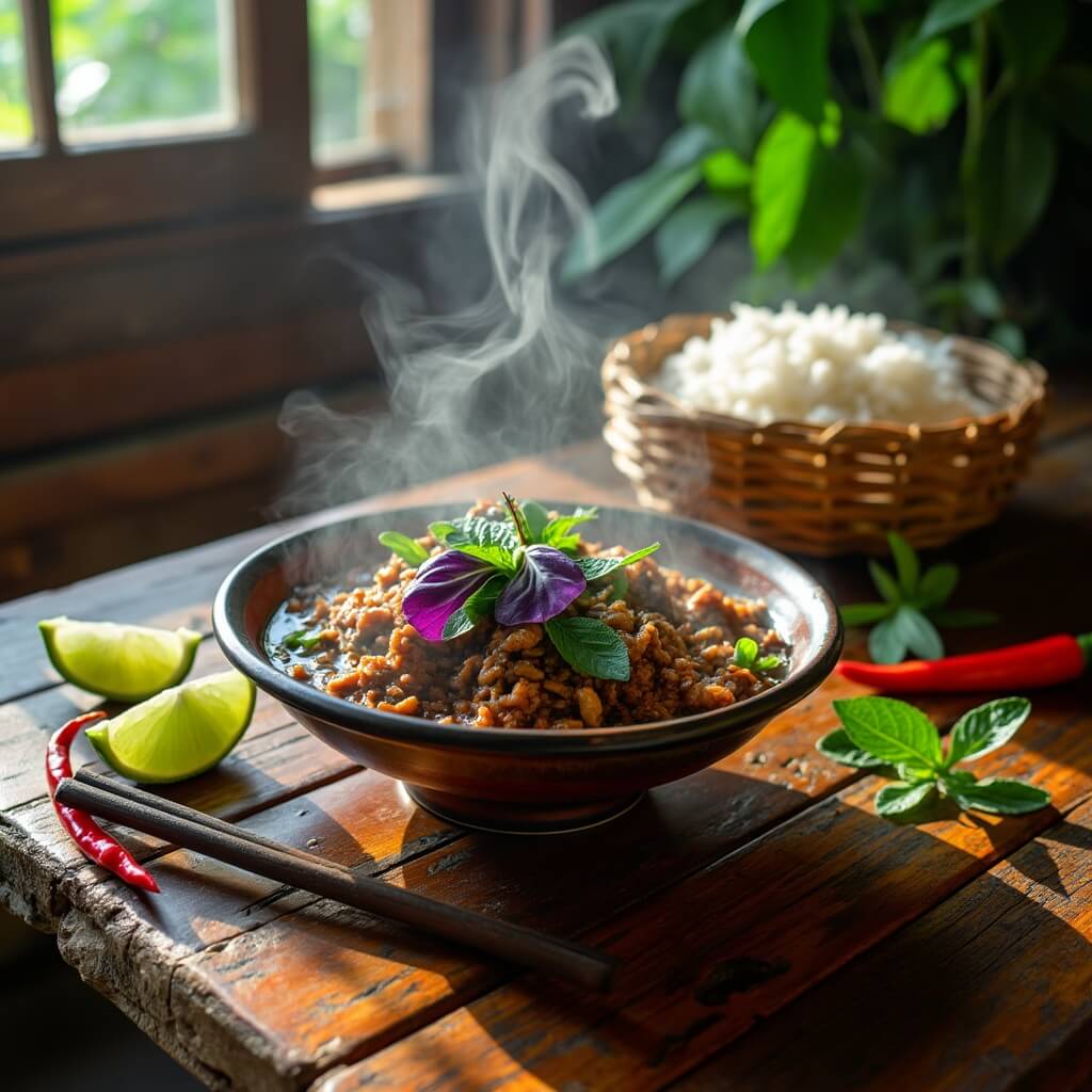 Steaming bowl of laap with basil and mint garnish on a rustic table, with sticky rice in a bamboo basket, fresh lime and chili peppers under morning sunlight.