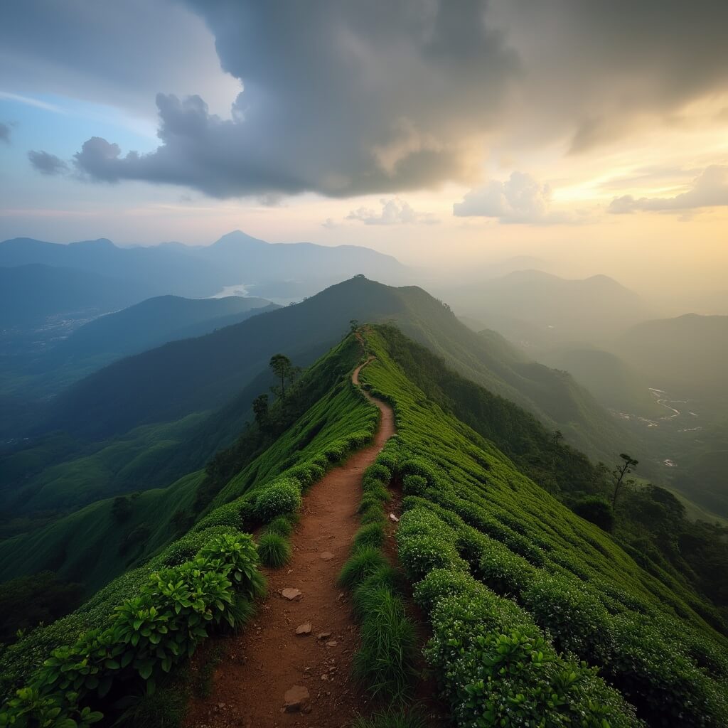 Dawn at Little Adam's Peak with hiking trail, layered mountains, dramatic clouds, and terraced tea plantations