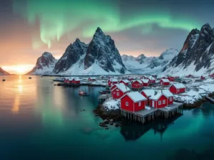 "Dramatic panorama of Lofoten Islands featuring jagged mountains, turquoise fjords, red rorbu cabins, midnight sun, northern lights and small fishing boats."