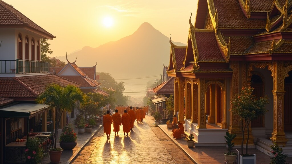 "Saffron-robed monks walking near Wat Xieng Thong temple at dawn, with French colonial buildings and Mekong River in the background, Luang Prabang"