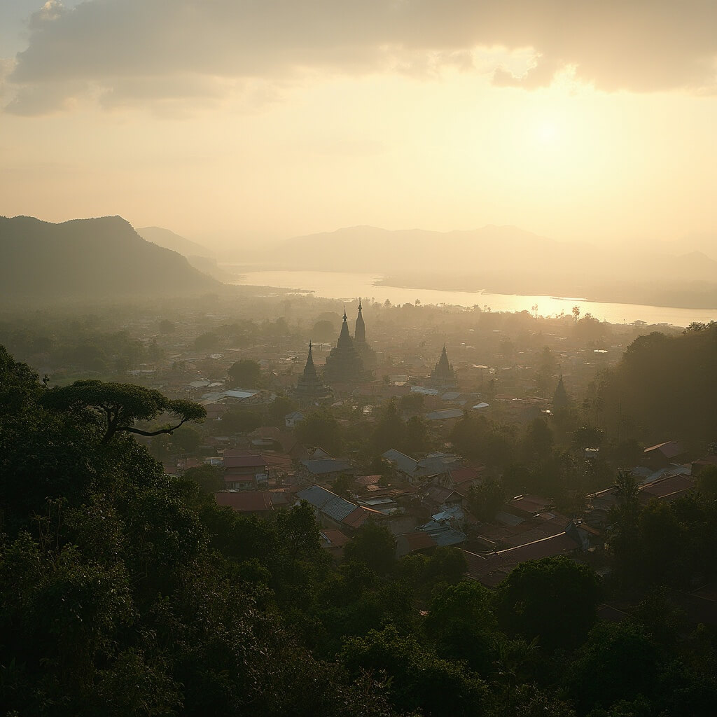 Panoramic view of Luang Prabang town at sunset with French colonial and traditional Lao temple architecture, lush tropical vegetation, and Mekong River in the background