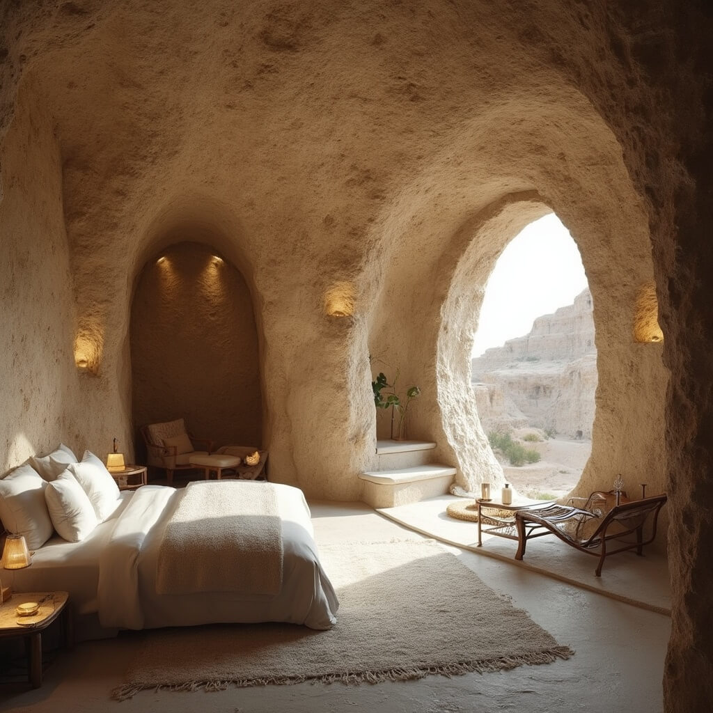 Luxurious cave hotel room with minimalist design, combining modern furniture with ancient stone walls, soft lighting, large arched window revealing canyon view, and muted earth-tone color scheme