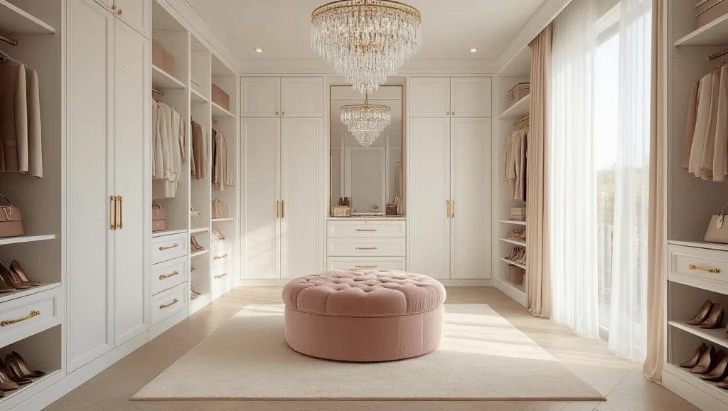 "Luxurious walk-in closet with white lacquer cabinets, gold hardware, mirror panels, crystal chandelier, plush velvet ottoman, designer shoes and handbags, and natural light."