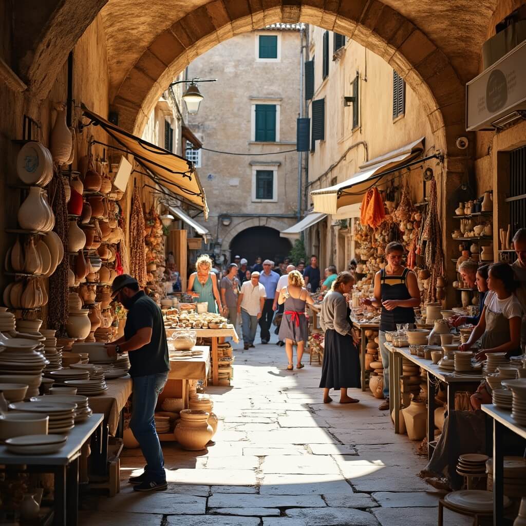 Artisans crafting ceramics and textiles in a lively traditional Italian marketplace in Matera's historic center, surrounded by stone archways with sunlight highlighting the colorful handmade goods.