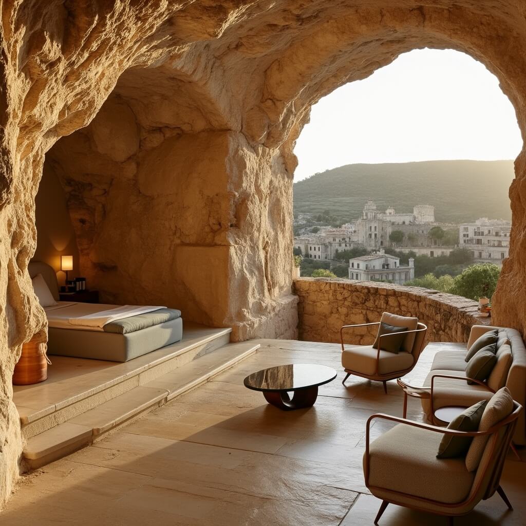 Luxurious boutique hotel inside an ancient cave in Matera bathed in golden sunlight, featuring warm stone walls, modern furnishings, and a private terrace with panoramic views of the Sassi landscape