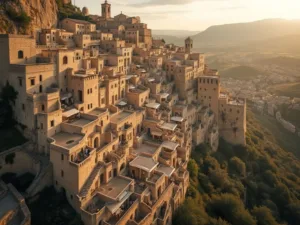 "Aerial view of Matera's Sassi districts during golden hour, showing ancient cave dwellings, stone staircases, church bell towers, and modern terraces, bathed in soft Mediterranean light"