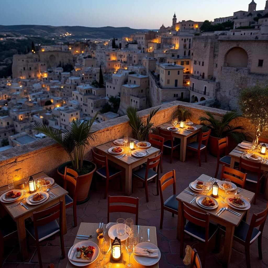 Twilight at a rooftop restaurant in Matera with lanterns glowing, rustic tables set with local cuisine, and the city's illuminated limestone cave dwellings stretching into the distance