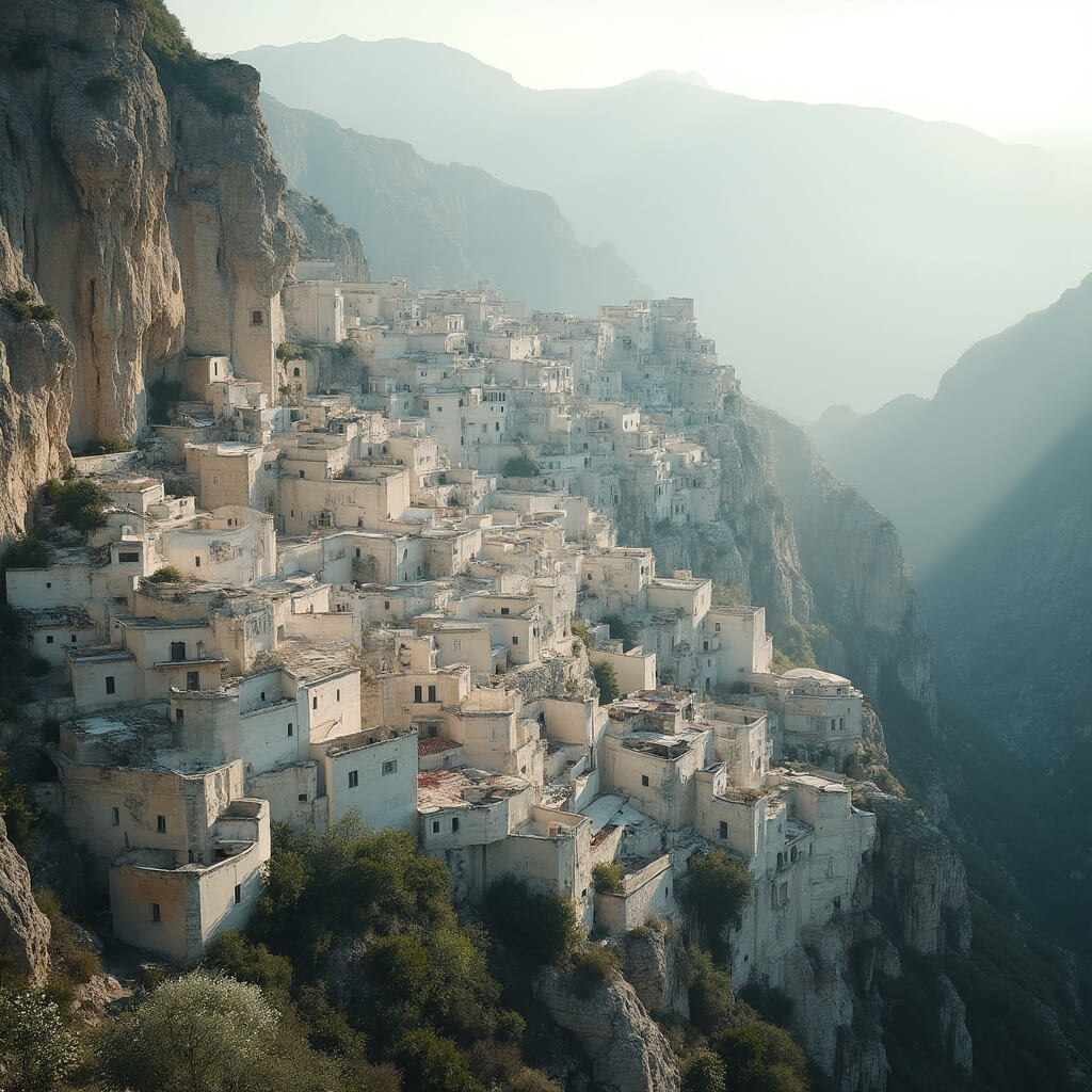 Misty morning view of Matera's urban terrain with white-stone buildings integrated into rocky cliffs