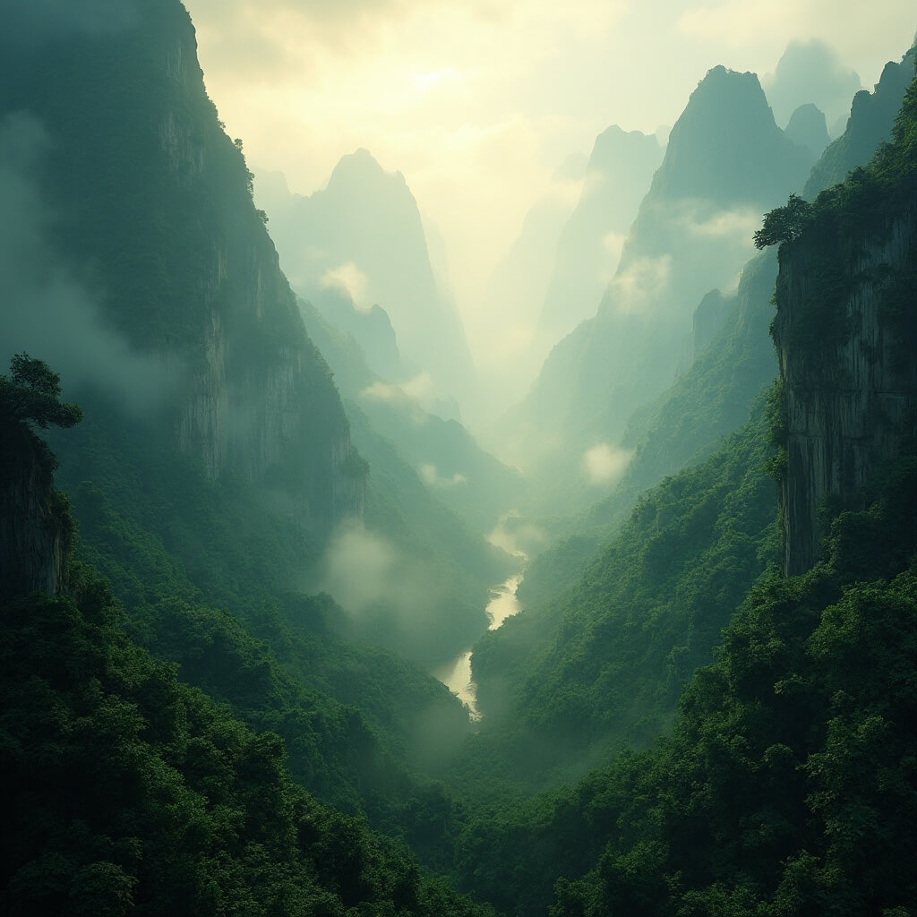 Misty early morning view of massive limestone mountains covered in dense tropical jungle with sunlight filtering through the foliage