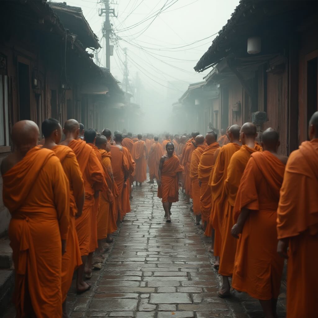 Buddhist monks in saffron robes participating in an early morning alms-giving ceremony on a misty cobblestone street, flanked by traditional French colonial buildings