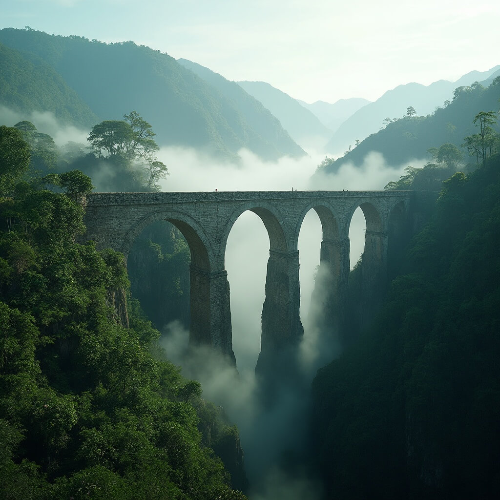 Nine Arch Bridge in tropical forest with morning mist and soft sunlight