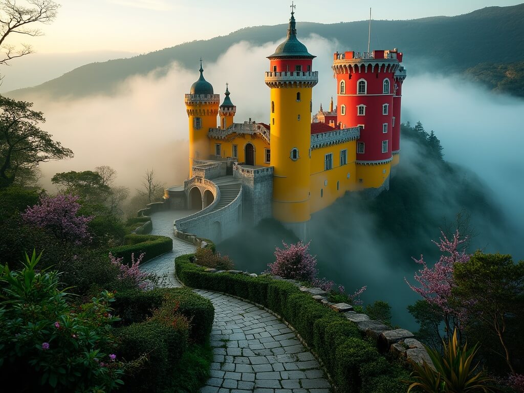 "Pena Palace emerging through morning mist in Sintra, Portugal, with vibrant towers contrasting against lush green hills and terraced gardens, shot during golden hour with a slight aerial perspective"