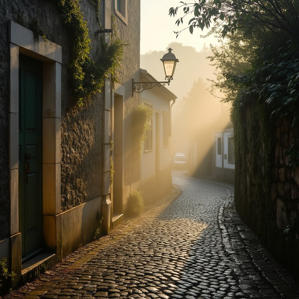 Misty dawn on a winding cobblestone street in Sintra with warm golden light illuminating moss-covered walls and dew-kissed foliage