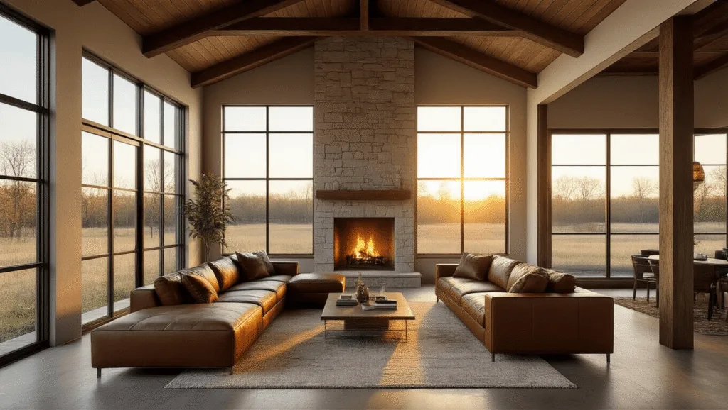 "Modern barndominium interior with high ceilings, exposed wooden beams, stone fireplace, and leather sectional in golden hour sunlight"