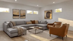 "Modern basement lounge with grey sectional sofa, cognac leather chairs, warm lighting, light oak flooring, and contemporary artwork on white shiplap walls"