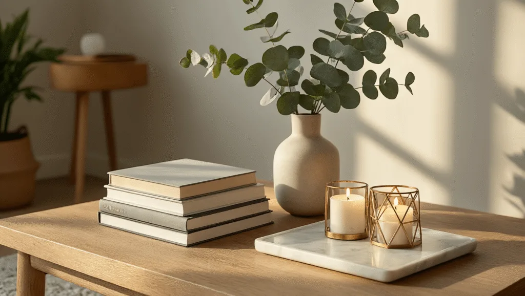 "Modern coffee table set up with design books, eucalyptus in a vase, candles in brass holders, and marble tray in soft morning light"