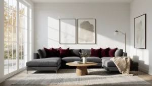 "Sunlit modern living room with a dark grey sectional sofa, jewel-toned pillows, wooden coffee table, and minimalist decor"