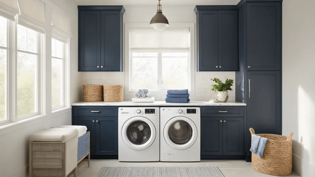 "Modern laundry room with white washer and dryer, navy cabinets, marble countertop, woven baskets, a pendant light, and soft morning light for a clean and organized look."