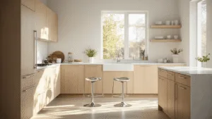 "Modern minimalist kitchen with light wood cabinets, white countertops, chrome stools, and natural morning light"