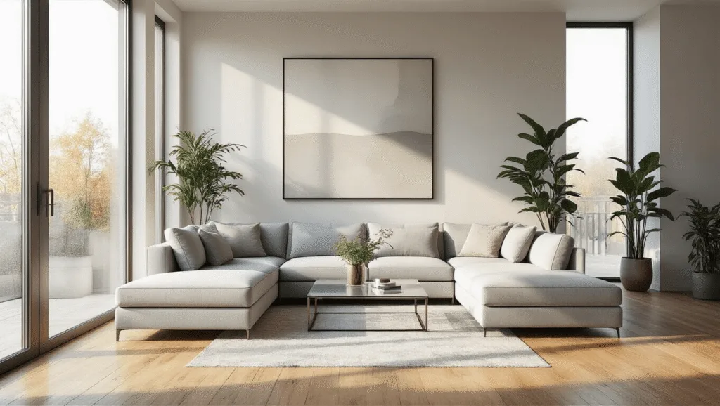 "Modern minimalist living room with light gray sectional, glass coffee table, warm wood floors, abstract art, floor-to-ceiling windows and natural light"
