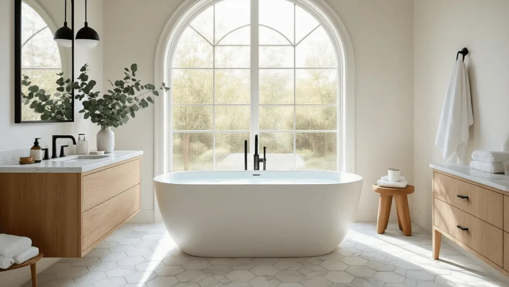 "Luxurious bathroom interior with freestanding tub, marble vanity and natural light"