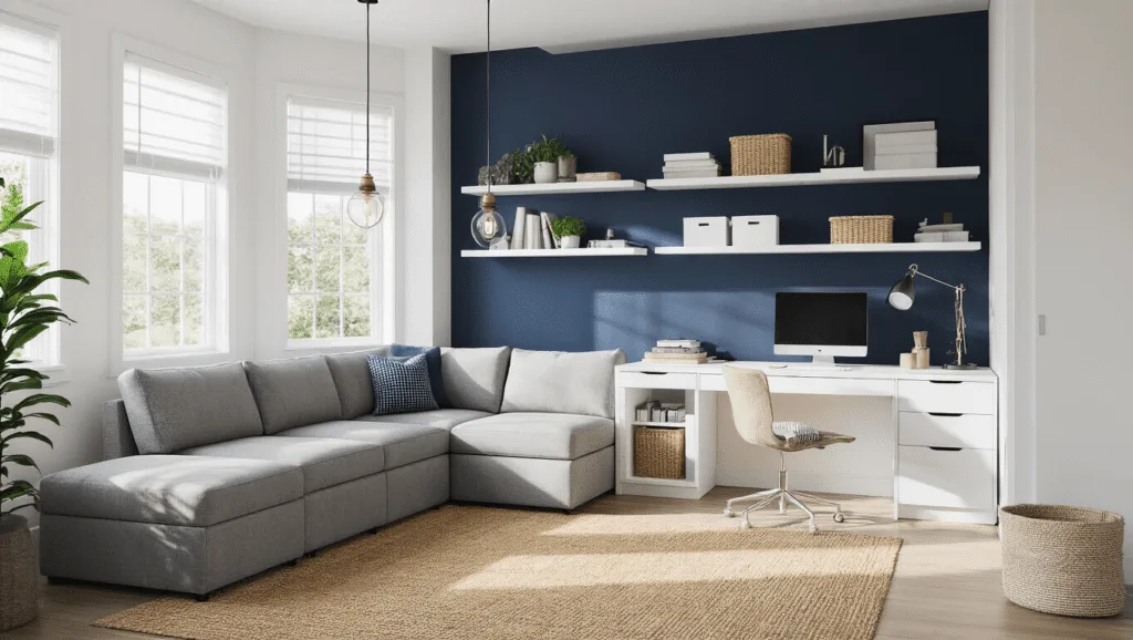 "Sunlit multi-purpose room with grey modular sofa, white home office desk, floating shelves on navy wall, and modern layered lighting fixtures"