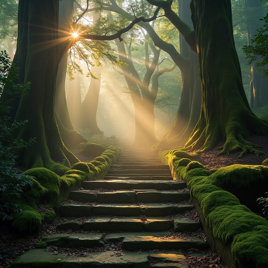 Ancient stone steps covered in moss leading a trail through a lush forest during golden hour, connecting two palaces, with sunlight sneaking through the trees and fog rolling amongst the trunks
