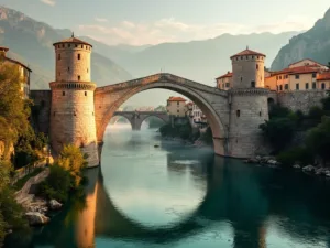 "Golden hour view of the historic Stari Most bridge over the emerald Neretva River with restored medieval towers, surrounded by traditional Ottoman-styled buildings, hazy mountains, and atmospheric mist."
