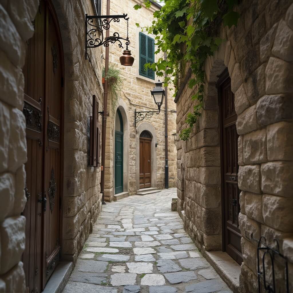 Morning light filtering through a narrow medieval alley in Mostar's old town, lined with worn cobblestones, weathered stone buildings, and wooden doors, adorned with copper lanterns and climbing vines