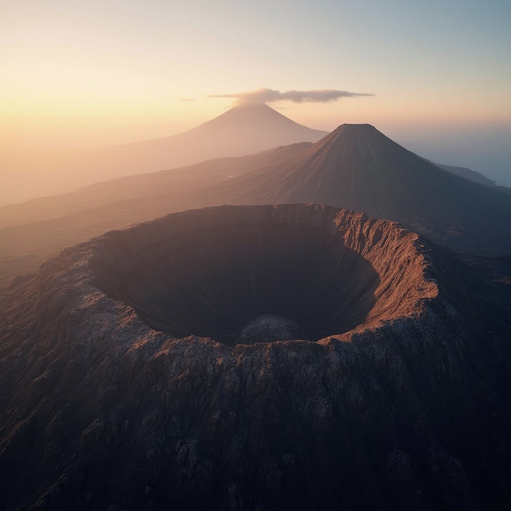 Sunrise over Mount Halla highlighting the detailed crater rim, surrounding volcanic cones, and rugged basalt terrain in a misty morning atmosphere