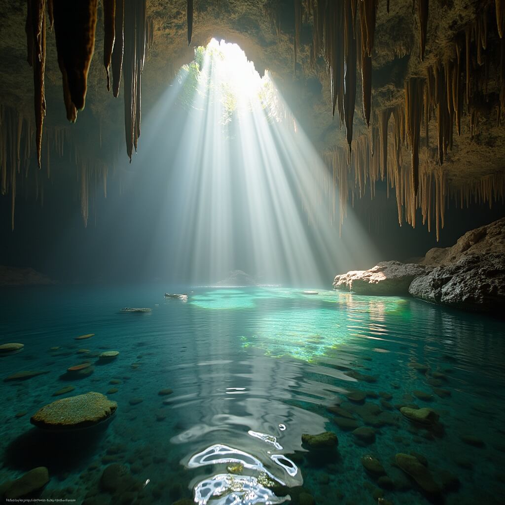 Dramatic morning light illuminating a vast limestone cave through a natural skylight, reflecting off clear underground pools and highlighting intricate stalactite shadows on cave walls.