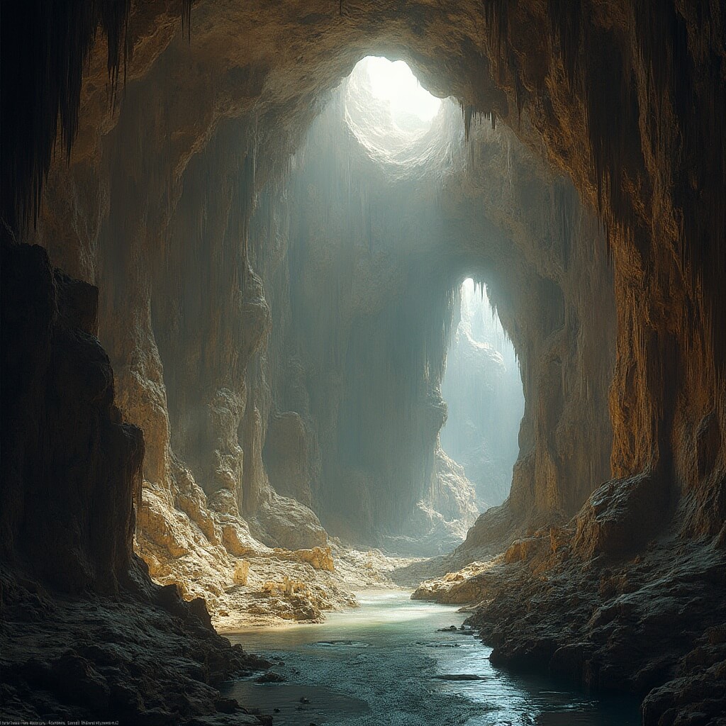 Majestic underground cave chamber with large stalagmites, detailed rock textures illuminated by ambient light, and an ethereal underground river