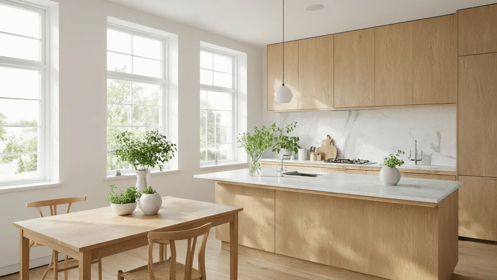 "Bright and minimalist Nordic kitchen interior with light oak cabinets, marble countertops, fresh herbs, ceramic vases, and natural sunlight streaming through large windows."