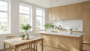 "Bright and minimalist Nordic kitchen interior with light oak cabinets, marble countertops, fresh herbs, ceramic vases, and natural sunlight streaming through large windows."