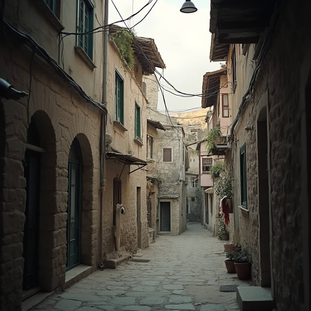 Cobblestone alleyway in Mostar illustrating Ottoman and Mediterranean architecture, open windows and hanging laundry hinting at human presence