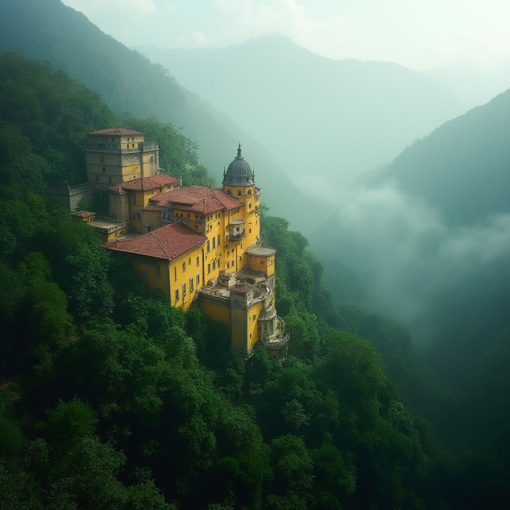 Pena Palace emerging from dense green misty forest in soft morning light, viewed from steep mountainside perspective