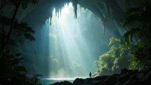 "Silhouetted figure standing at the entrance of a massive limestone cave in Phong Nha, Vietnam, with sunlight streaming through highlighting the stalactites, forest canopy and ethereal blue underground river."