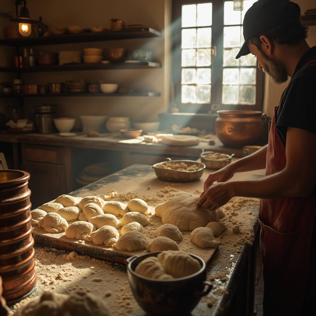 Hands kneading dough for queijadas in a traditional Portuguese bakery with flour-dusted counters, patina-coated copper molds, and warm light from old windows