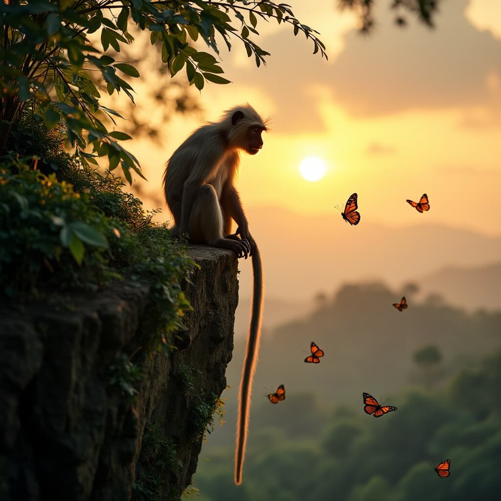 Langur monkey silhouetted on a mossy cliff overlooking a green jungle, with butterflies in the foreground and sunset-lit clouds in the background