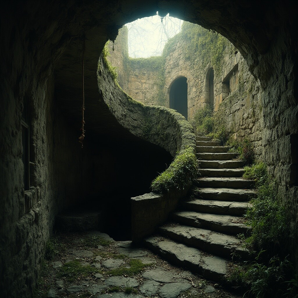 Mossy stone staircase of Quinta da Regaleira's initiation well descends into eerie shadow, lit by soft ethereal light from above