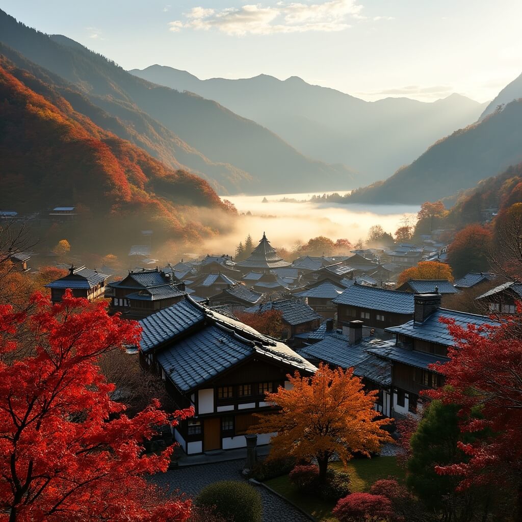 Panoramic autumn view of Shirakawa-go village with gassho-style houses, nestled in a valley surrounded by mountains with red and golden maple leaves, and mist rising from the floor, during golden hour