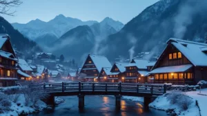 "Dusk view of snowy Shirakawa-go village, showcasing warmly lit, distinctive gassho-zukuri farmhouses, a wooden footbridge over a frosted Shogawa River, and snow-capped mountains in the backdrop."